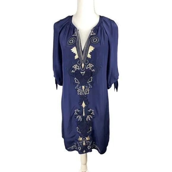 Lilly Pulitzer Bryce Dress 100% Silk Cold Shoulder Blue Size Small Embroidered - Picture 3 of 8